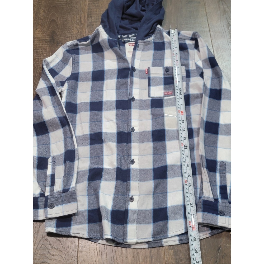 Levis Boys Large Blue White Plaid Hooded Flannel Shirt Long Sleeve 825663822055